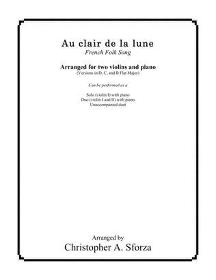 Book cover for Au clair de la lune, for two violins and piano