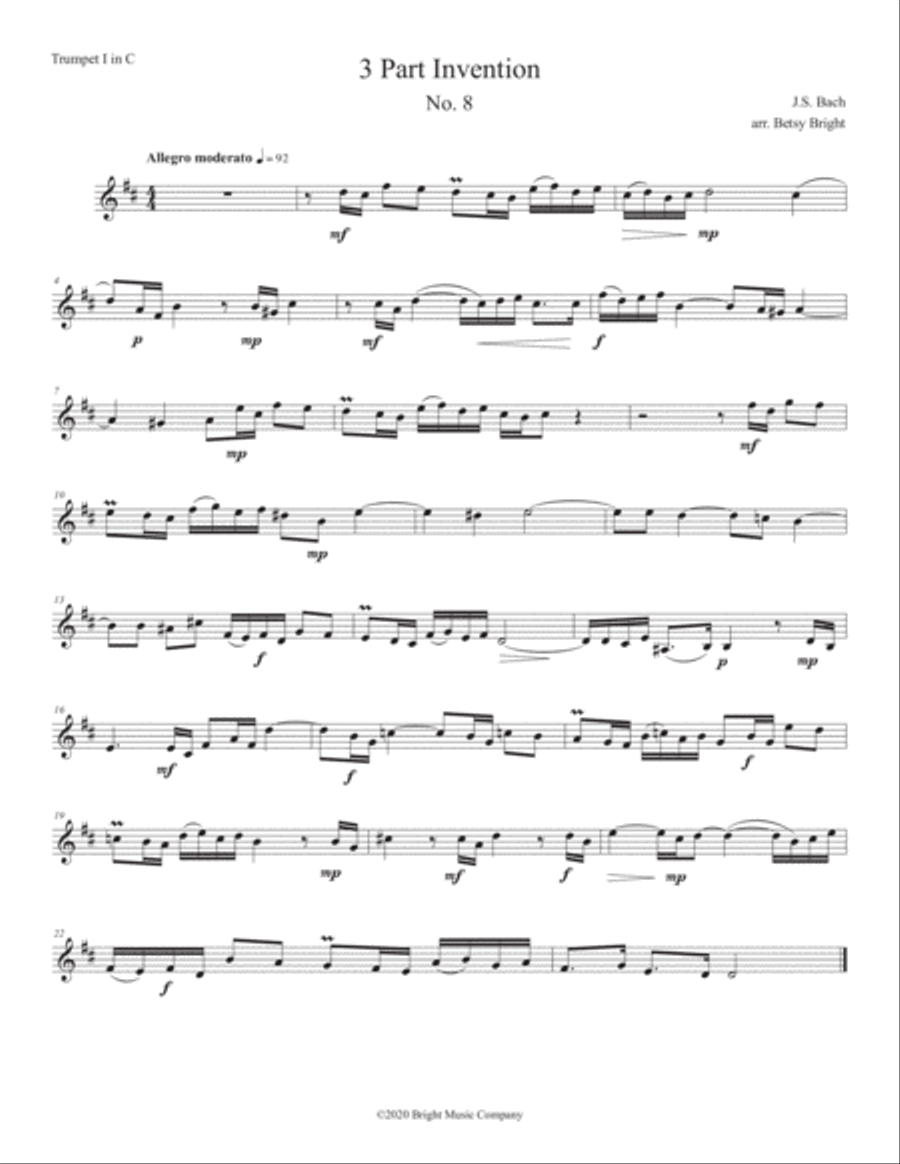 J.S. Bach: Three Part Invention No. 8 (Two C trumpets + tuba) Trumpet Duet scores gallery preview page 2