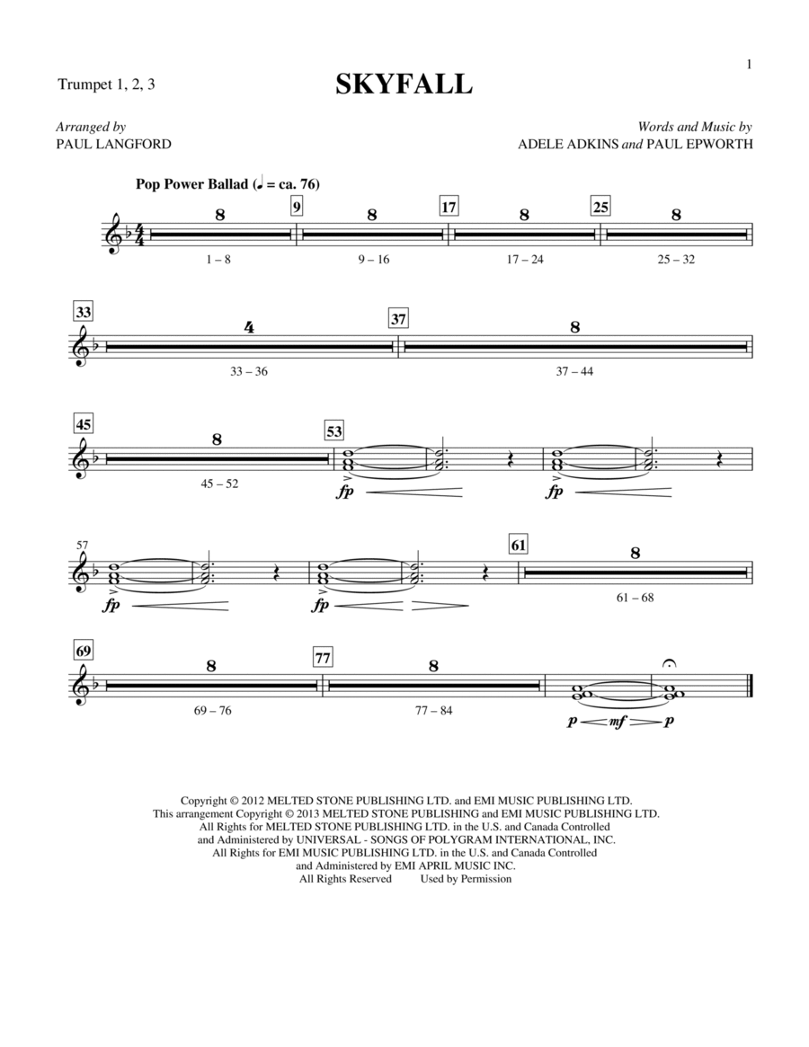 Skyfall (arr. Paul Langford) - Bb Trumpets 1,2,3 Choir scores gallery preview page 1