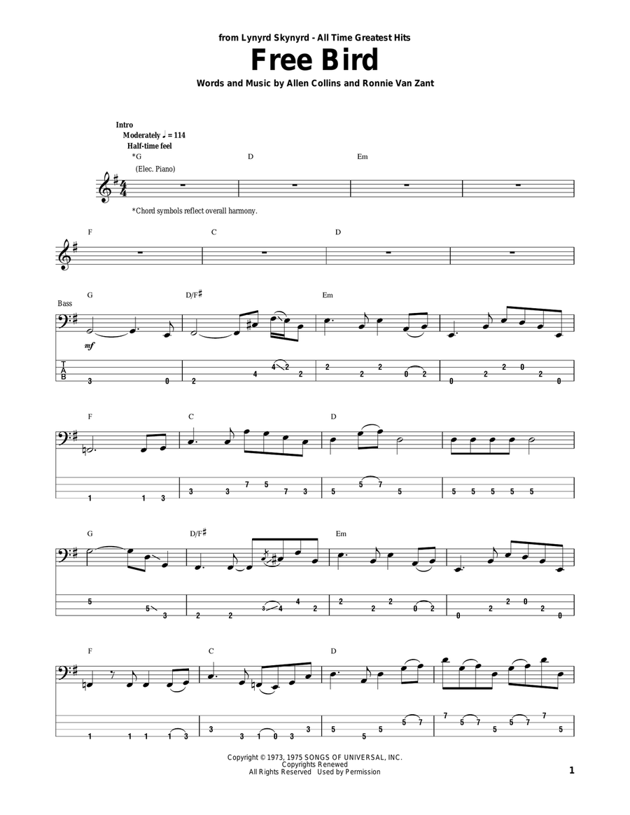 Free Bird Free Bird Bass Guitar Tablature scores gallery preview page 1