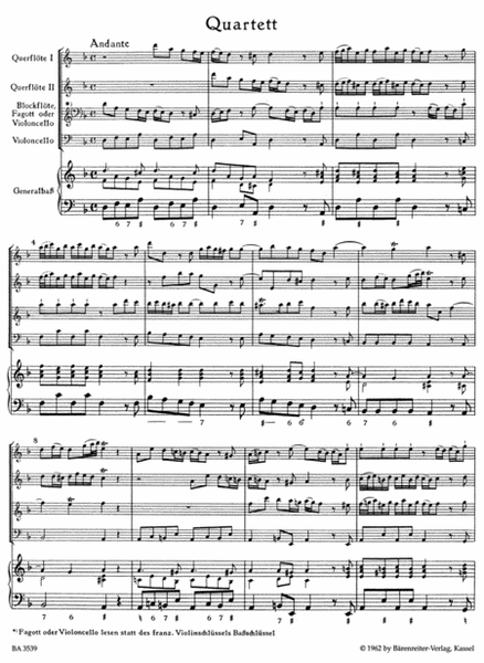 Quartet for two Flutes, Recorder (Basson, Violoncello), Violoncello and Basso continuo d minor TWV 43:d 1
