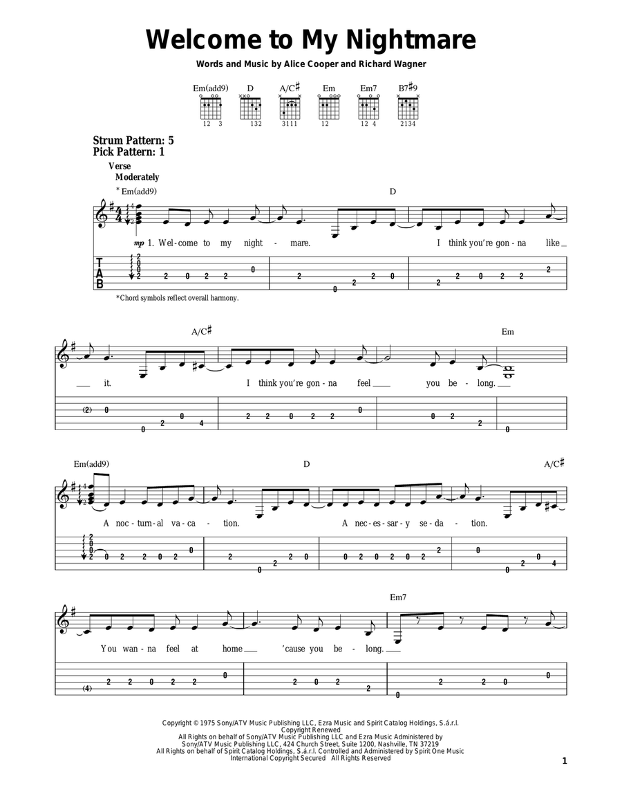 Welcome To My Nightmare Guitar Tablature scores gallery preview page 1