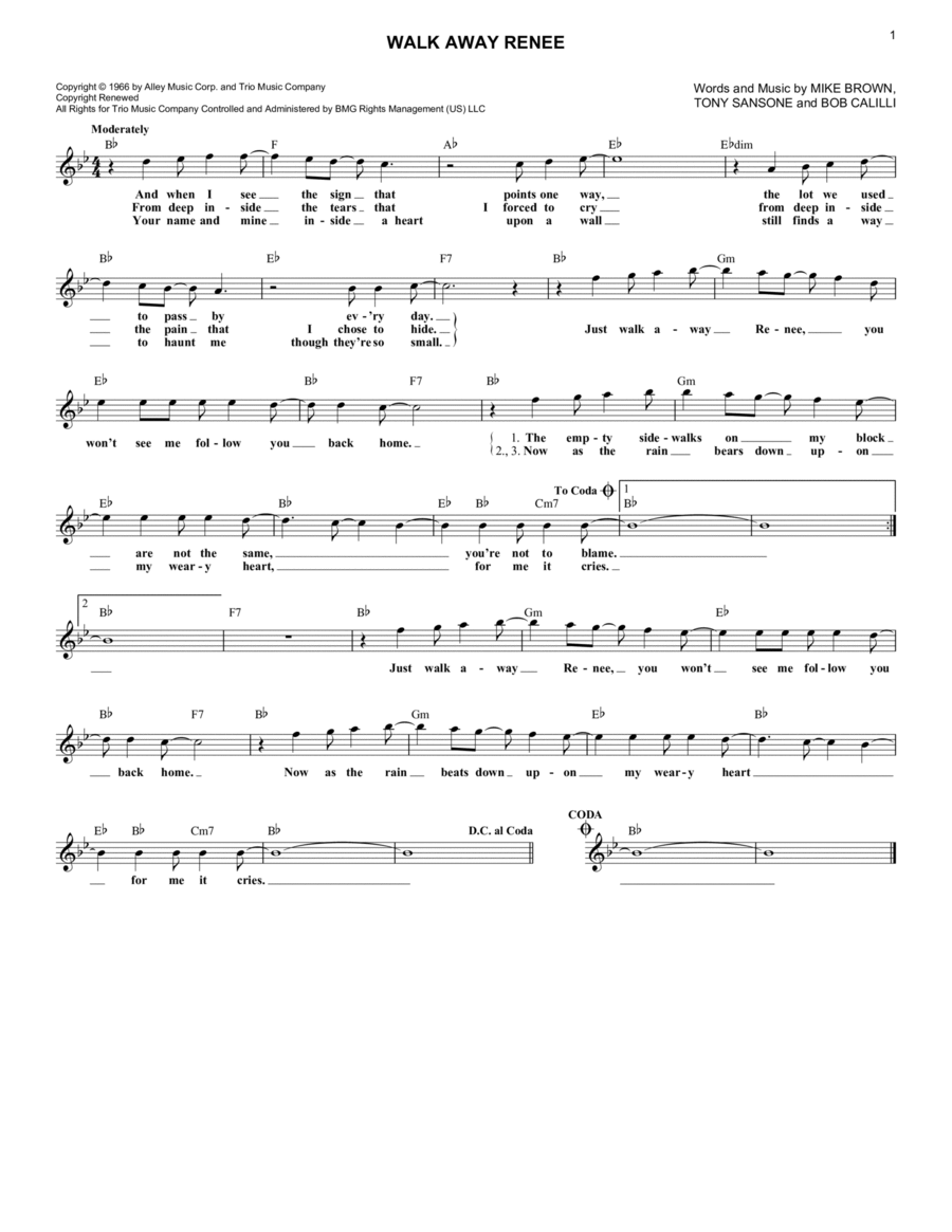 Walk Away Renee Walk Away Renee Piano, Vocal, Guitar scores gallery preview page 1