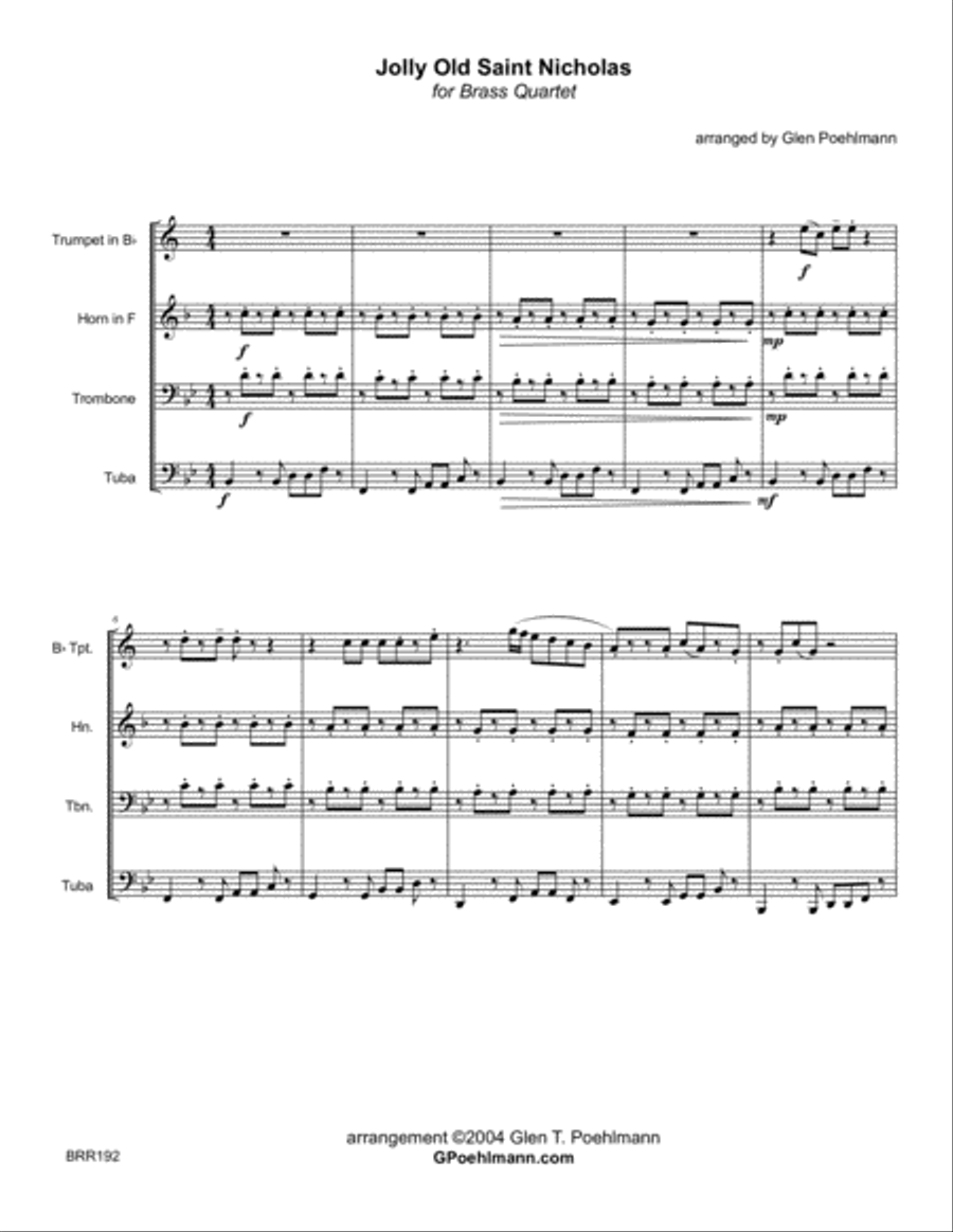 JOLLY OLD SAINT NICHOLAS for unaccompanied BRASS QUARTET Brass Quartet scores gallery preview page 1