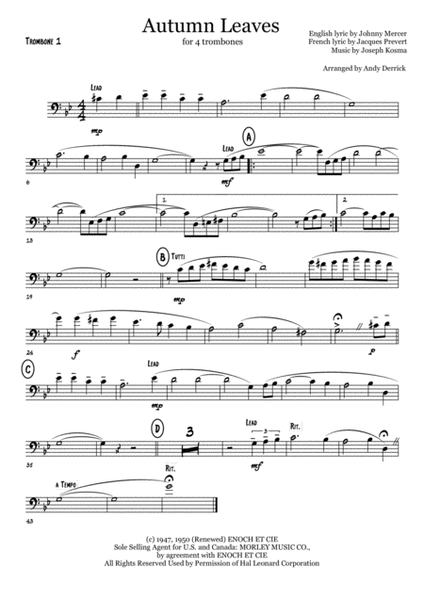 Autumn Leaves for trombone quartet image number null