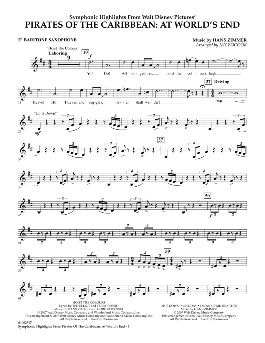Highlights from Pirates of the Caribbean: At World's End (arr. Jay Bocook) - Eb Baritone Saxophone Concert Band scores gallery preview page 1