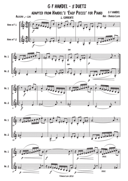 5 Duets for 2 Horns in F. Adapted from G F Handel's 'Easy Pieces for Piano' image number null