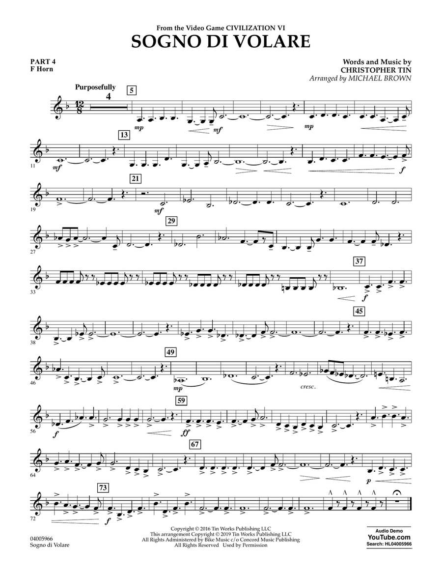 Sogno di Volare (from Civilization VI) (arr. Michael Brown) - Pt.4 - F Horn Concert Band scores gallery preview page 1