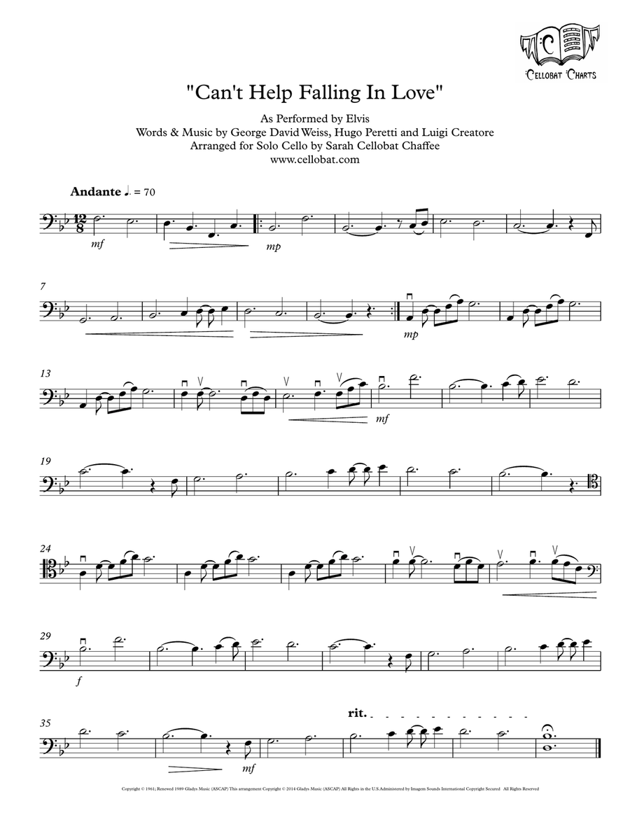 Can't Help Falling In Love Cello Solo scores gallery preview page 1
