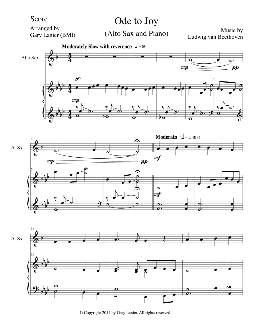 ODE TO JOY (Alto Sax Piano and Sax Part) Joyful, Joyful, We Adore Thee Alto Saxophone scores gallery preview page 1