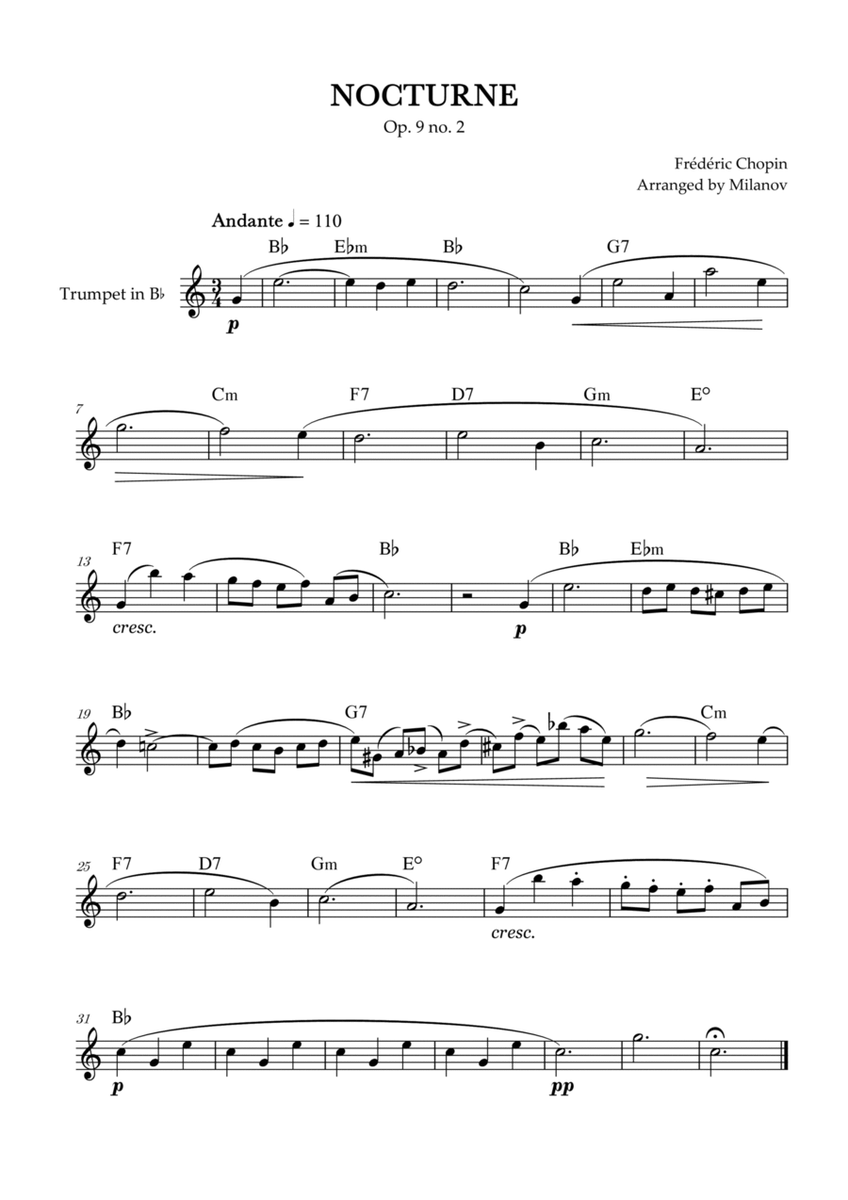 Chopin Nocturne op. 9 no. 2 | Trumpet in Bb | B-flat Major | Chords | Easy beginner image number null