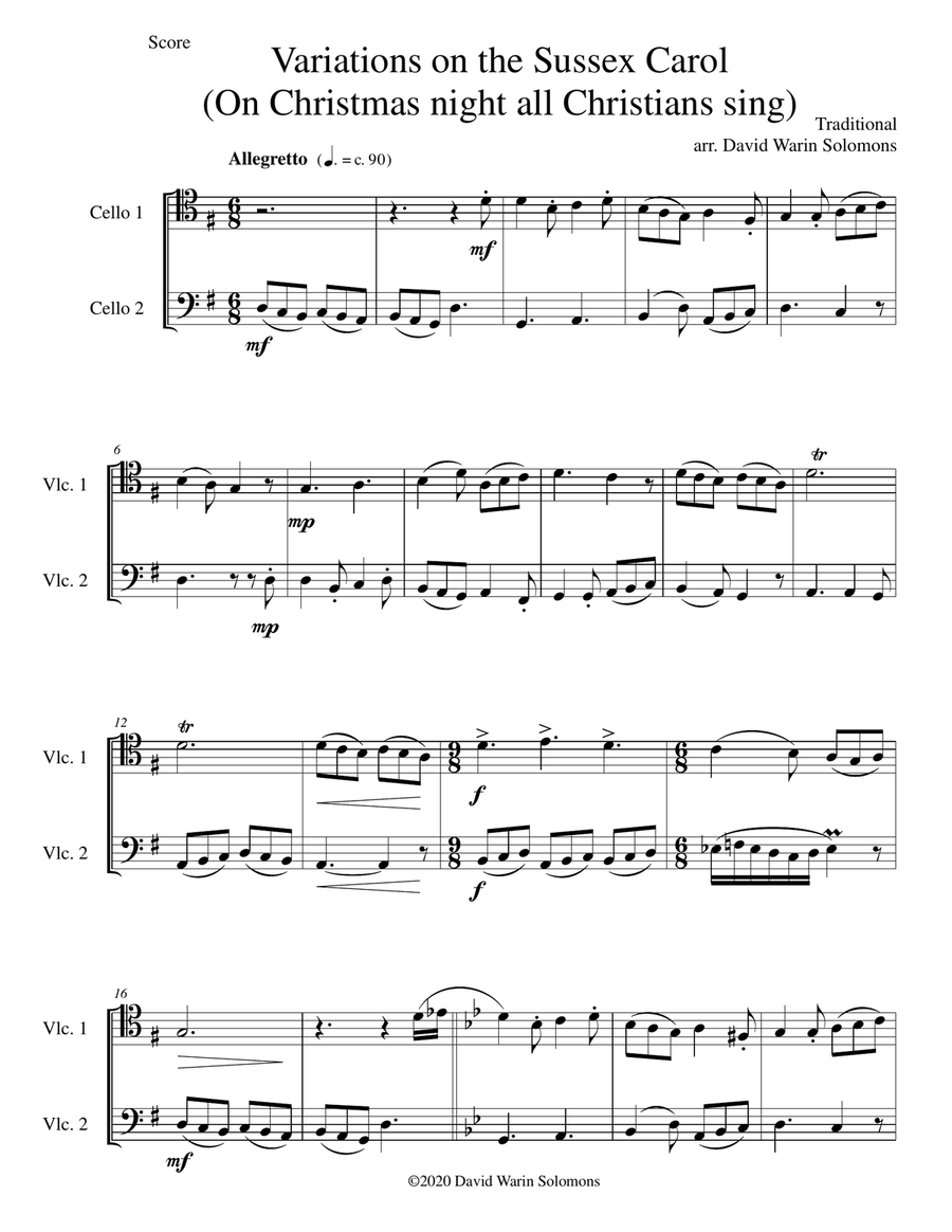 Variations on the Sussex Carol (On Christmas night all Christians sing) for cello duo String Duet scores gallery preview page 1