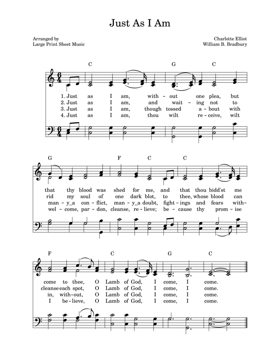 Just As I Am Without One Plea | Hymnbook Style in Key of C | Includes Chord Symbols Piano Method scores gallery preview page 1