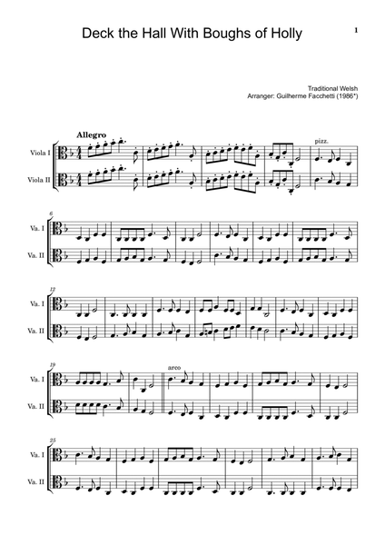 Traditional Welsh - Deck the Hall With Boughs of Holly. Arrangement for Viola Duet. Score an Parts image number null