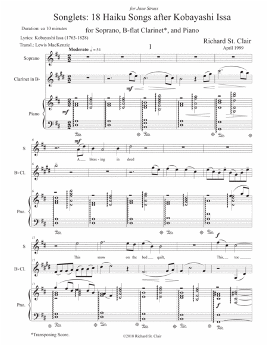SONGLETS: 18 Haiku Songs on Haiku by Kobayashi Issa, for Soprano, Bb Clarinet & Piano Small Ensemble scores gallery preview page 3