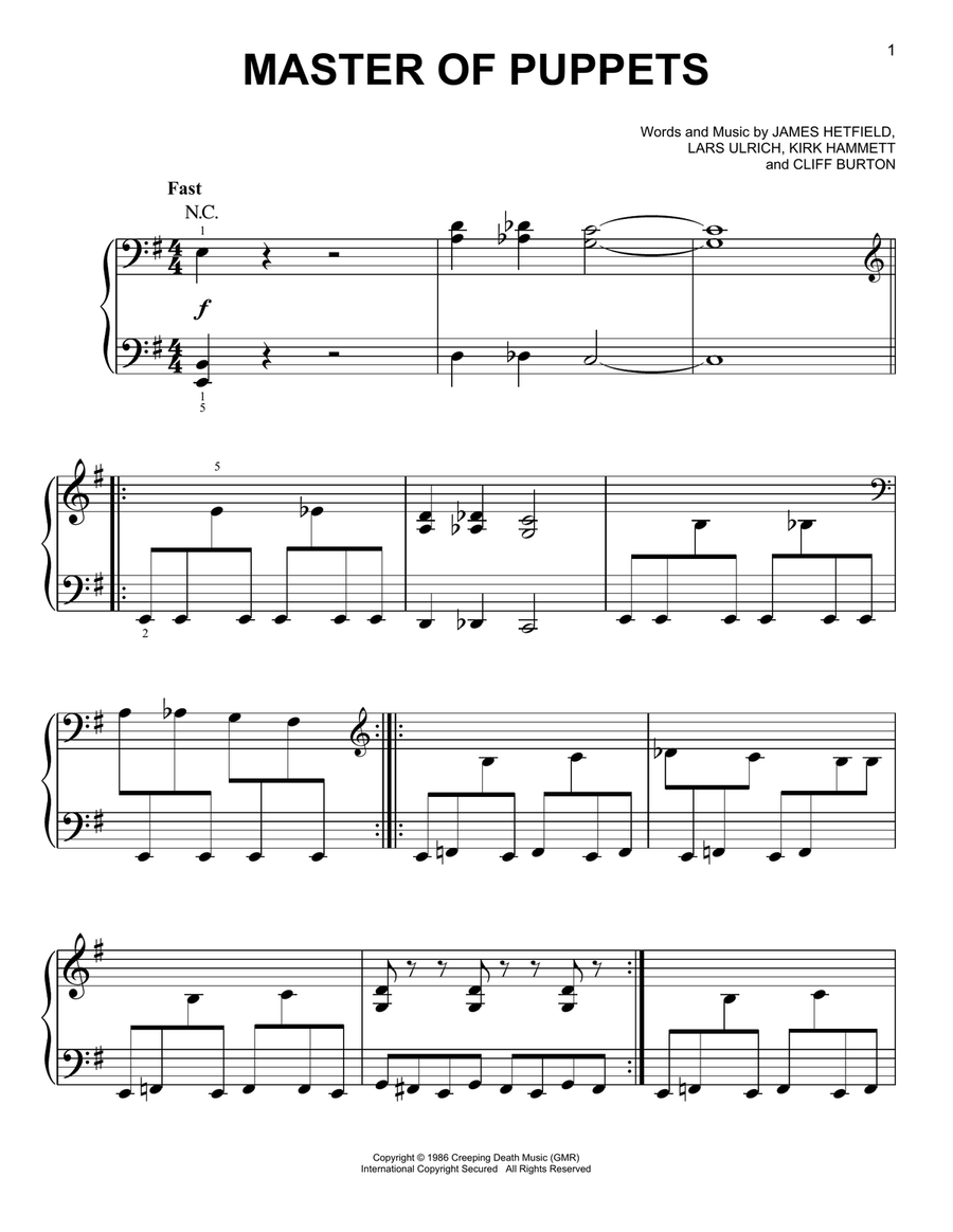 Master Of Puppets Easy Piano scores gallery preview page 1