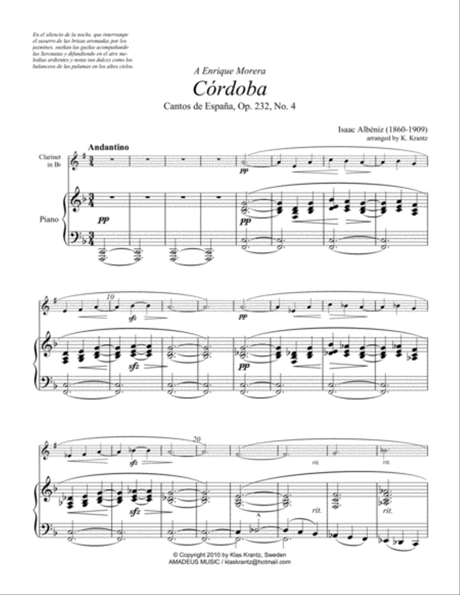 Cordoba from Cantos de Espana, Op. 232 for clarinet and piano Clarinet Solo scores gallery preview page 2