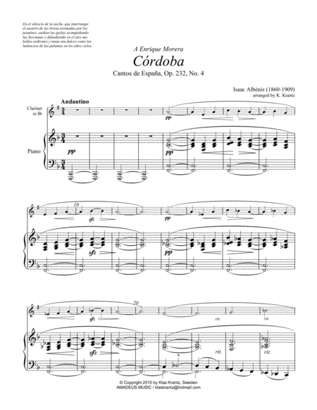 Cordoba from Cantos de Espana, Op. 232 for clarinet and piano image number null