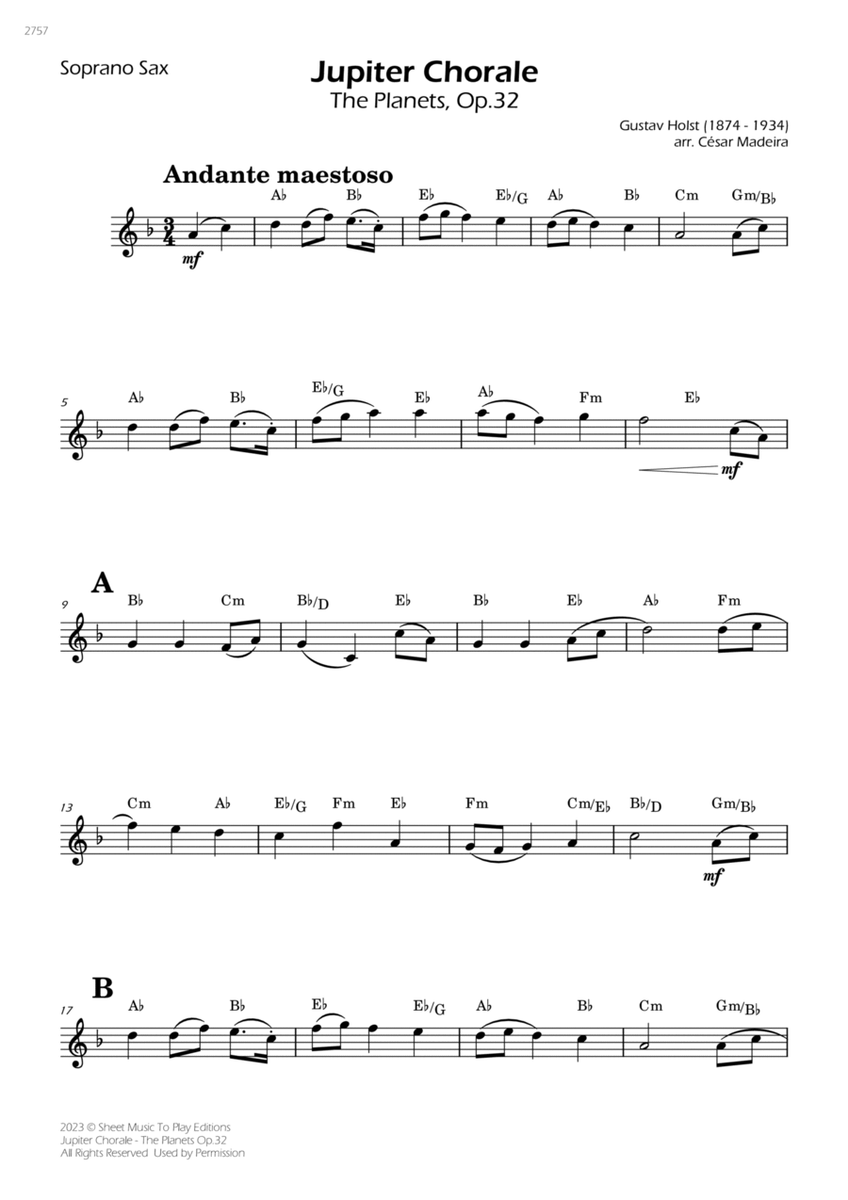 Jupiter Chorale from The Planets - Soprano Sax Solo - W/Chords image number null