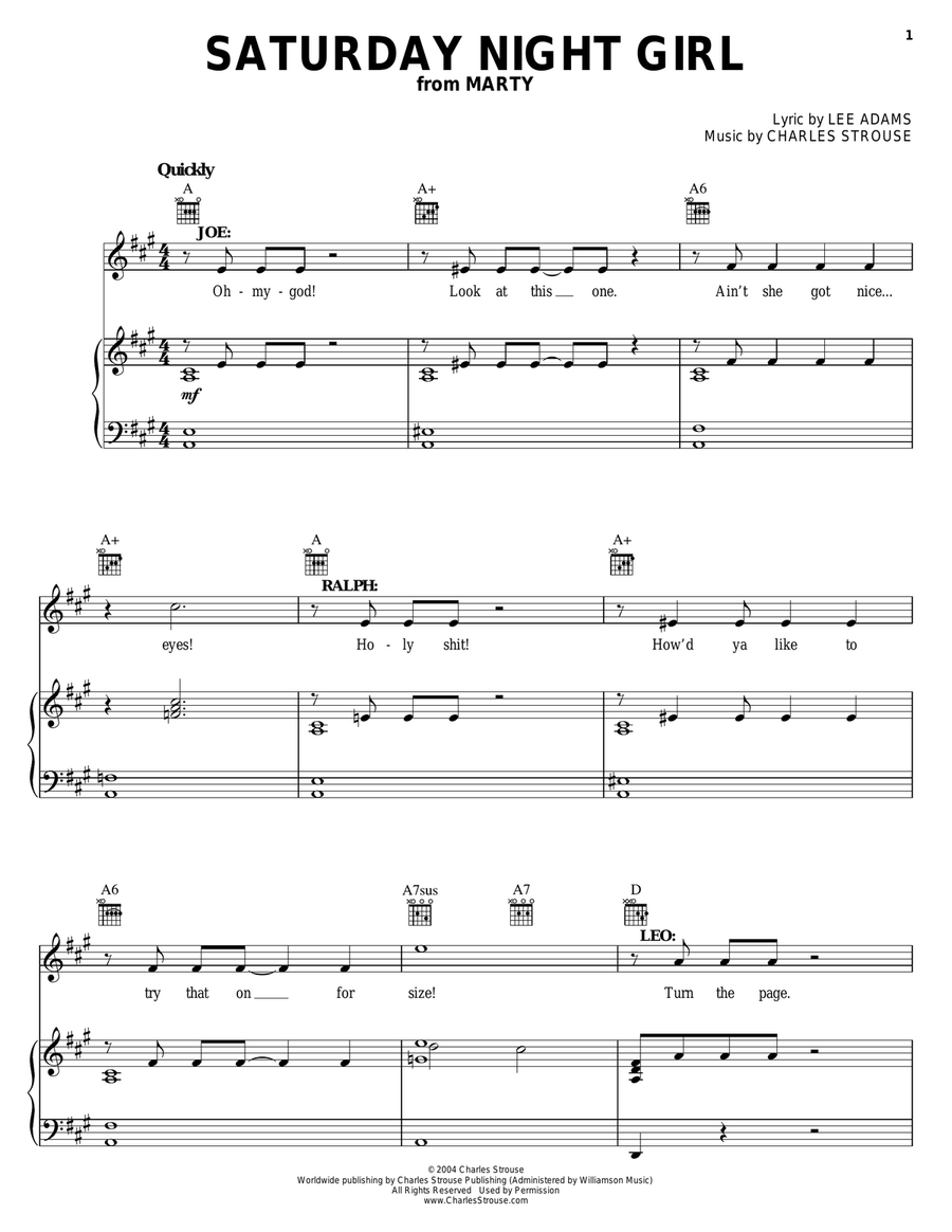 Saturday Night Girl Piano, Vocal, Guitar scores gallery preview page 1