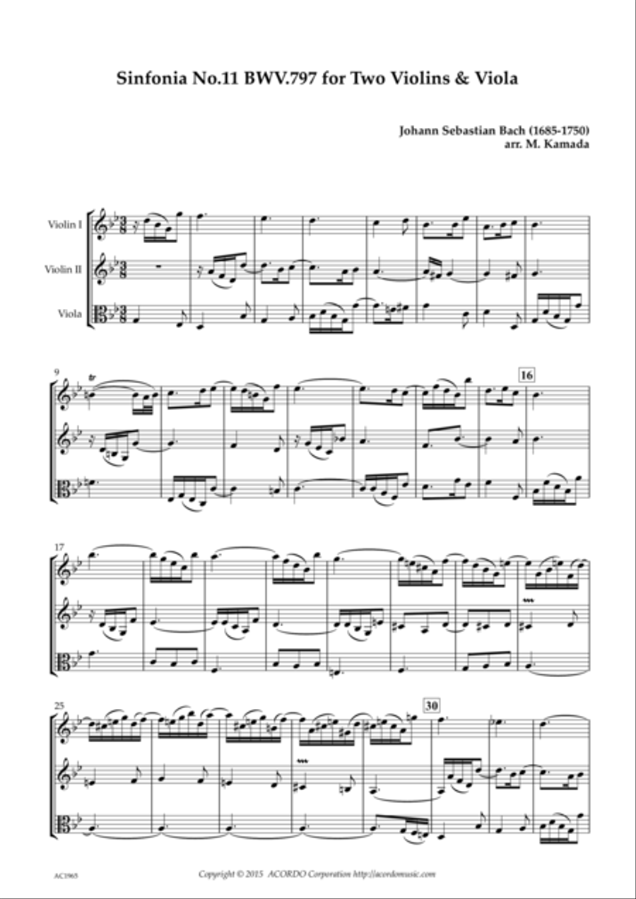 Sinfonia No.11 BWV.797 for Two Violins & Viola String Duet scores gallery preview page 1