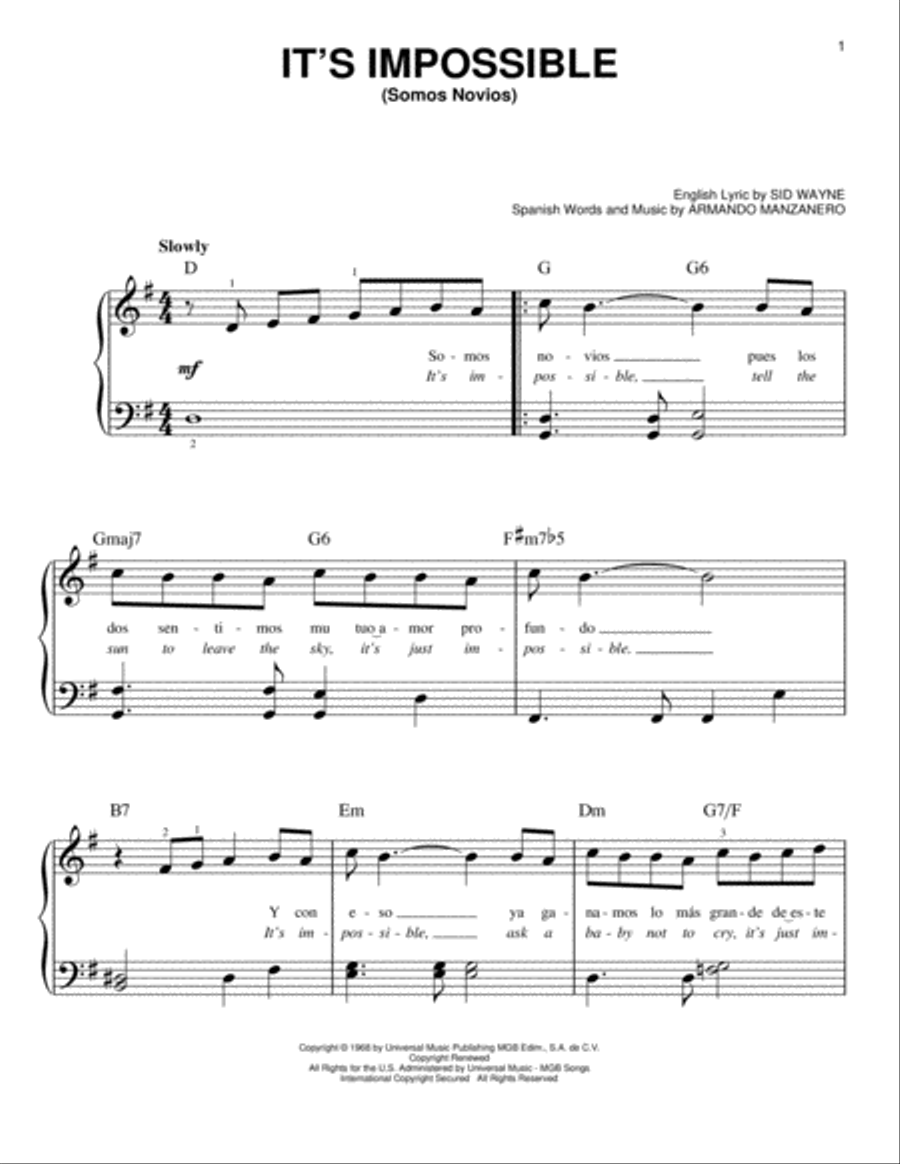 It's Impossible (Somos Novios) Easy Piano scores gallery preview page 1