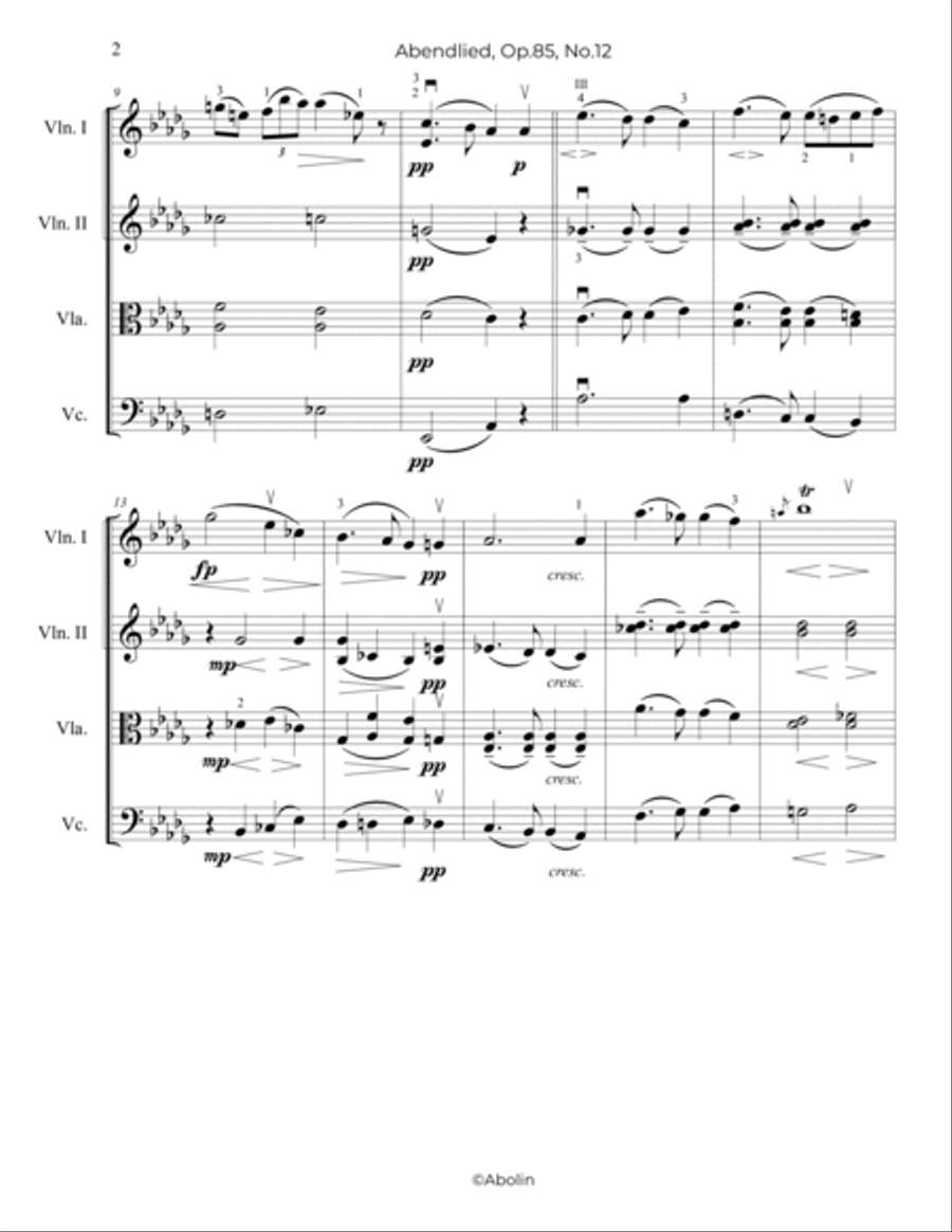 Schumann: Abendlied, Op.85, No.12 - String Quartet String Quartet scores gallery preview page 3