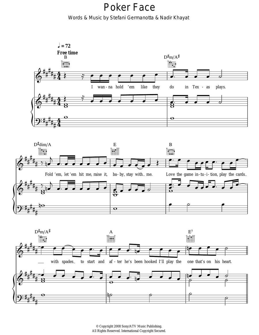 Poker Face Piano, Vocal, Guitar scores gallery preview page 1