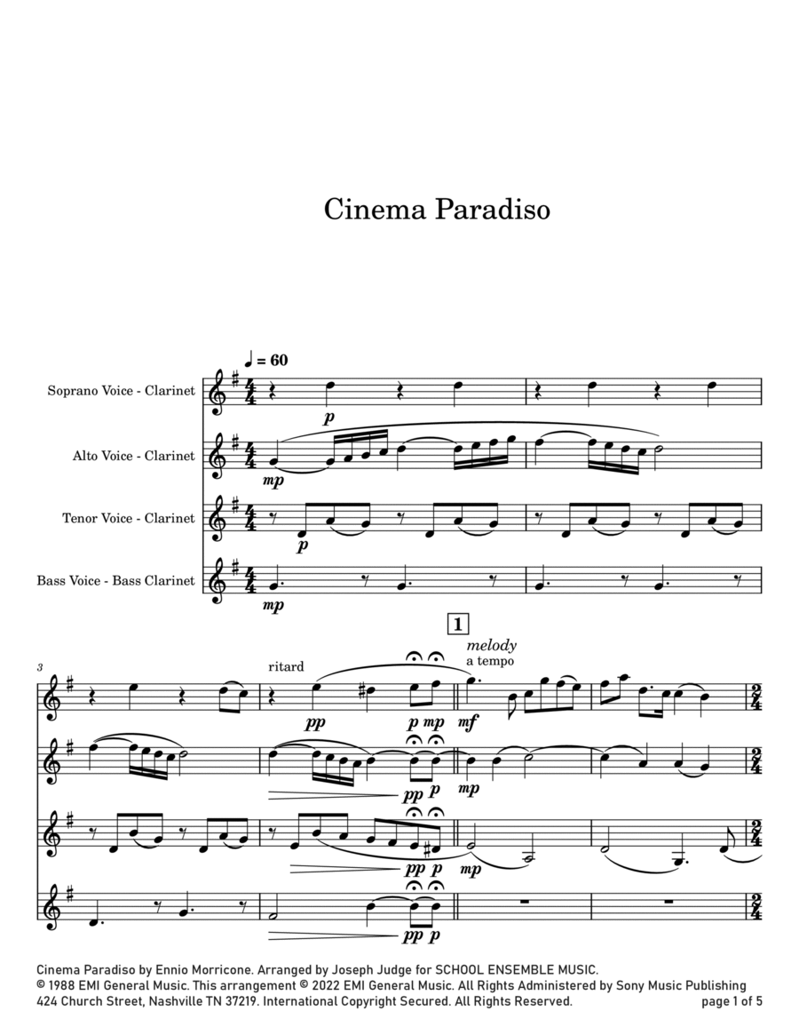 Cinema Paradiso Cinema Paradiso Clarinet Quartet scores gallery preview page 1
