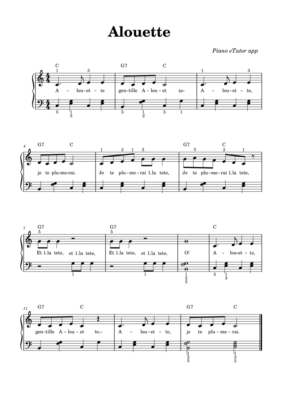 Alouette - piano sheet music Easy Piano scores gallery preview page 1