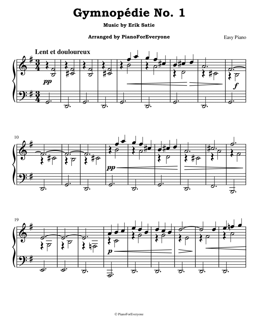 Gymnopédie No. 1 - Satie (Easy Piano) Easy Piano scores gallery preview page 1