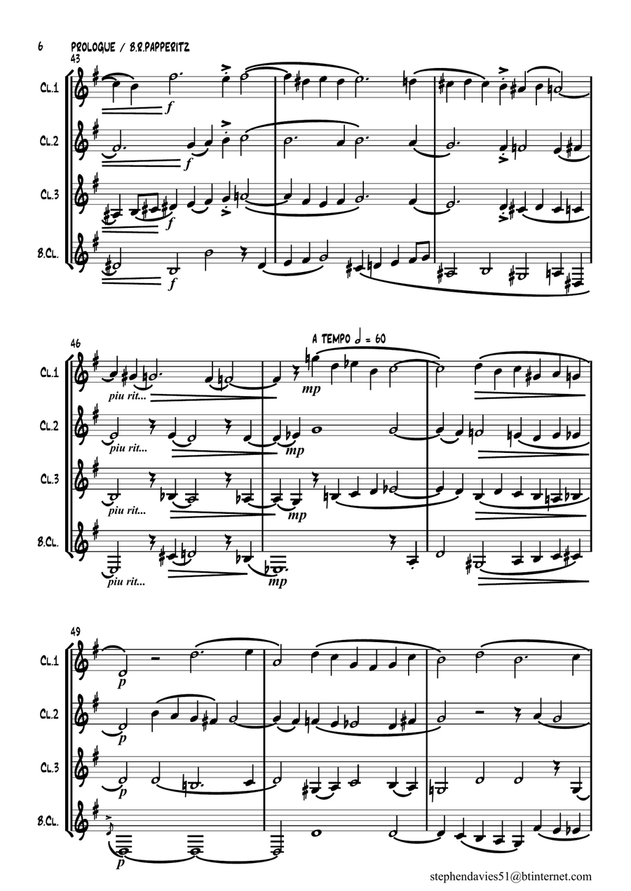'Prologue' by Dr.Benjamin Robert Papperitz (1826-1903) for Clarinet Quartet. Clarinet Quartet scores gallery preview page 6