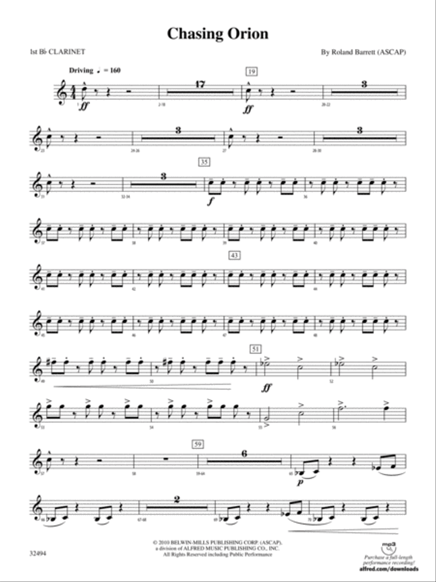 Chasing Orion: 1st B-flat Clarinet Concert Band scores gallery preview page 1