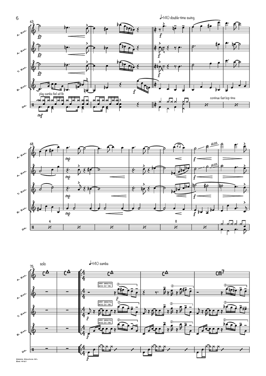 On Green Dolphin Street Saxophone Quartet scores gallery preview page 6