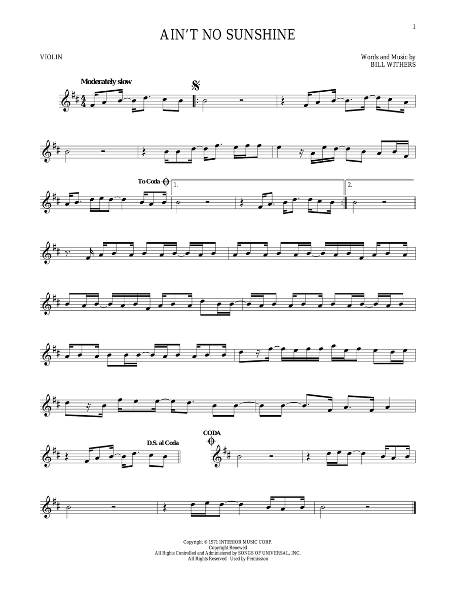 Ain't No Sunshine Violin Solo scores gallery preview page 1