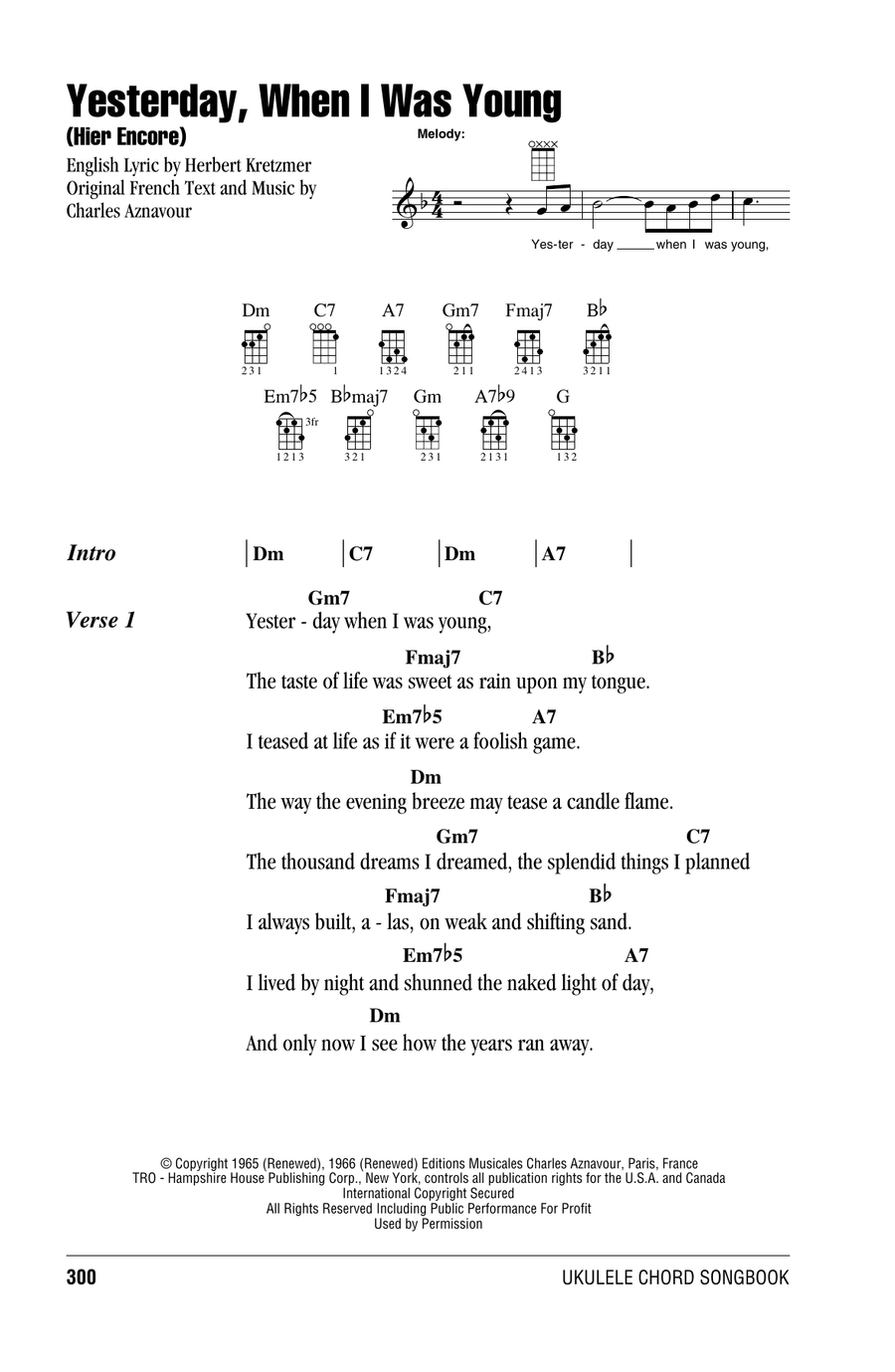 Yesterday, When I Was Young (Hier Encore) Ukulele scores gallery preview page 1