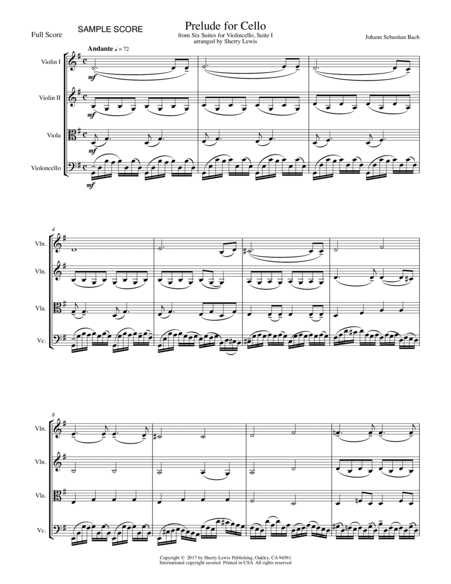 PRELUDE FROM CELLO SUITE NO. 1 by Bach String Quartet, Intermediate Level for 2 violins, viola and c String Quartet scores gallery preview page 1