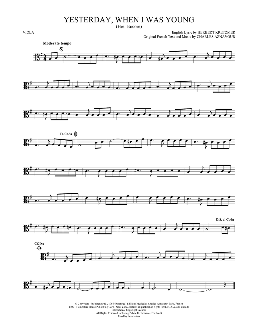 Yesterday, When I Was Young (Hier Encore) Viola Solo scores gallery preview page 1
