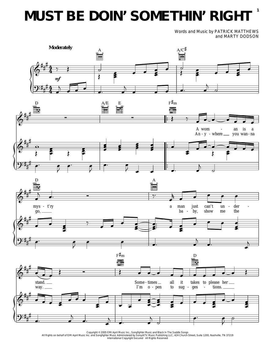 Must Be Doin' Somethin' Right Piano, Vocal, Guitar scores gallery preview page 1