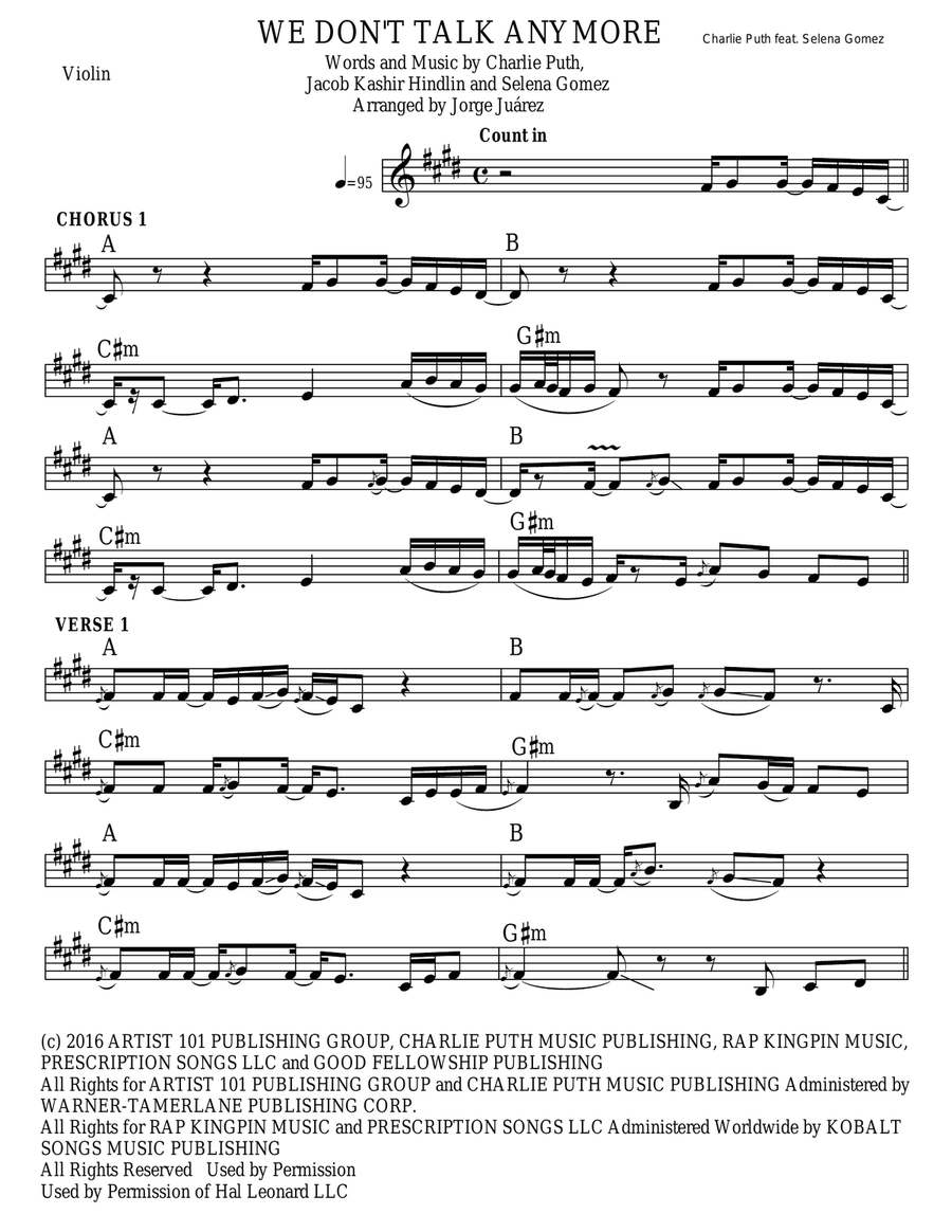 We Don't Talk Anymore Violin Solo scores gallery preview page 1