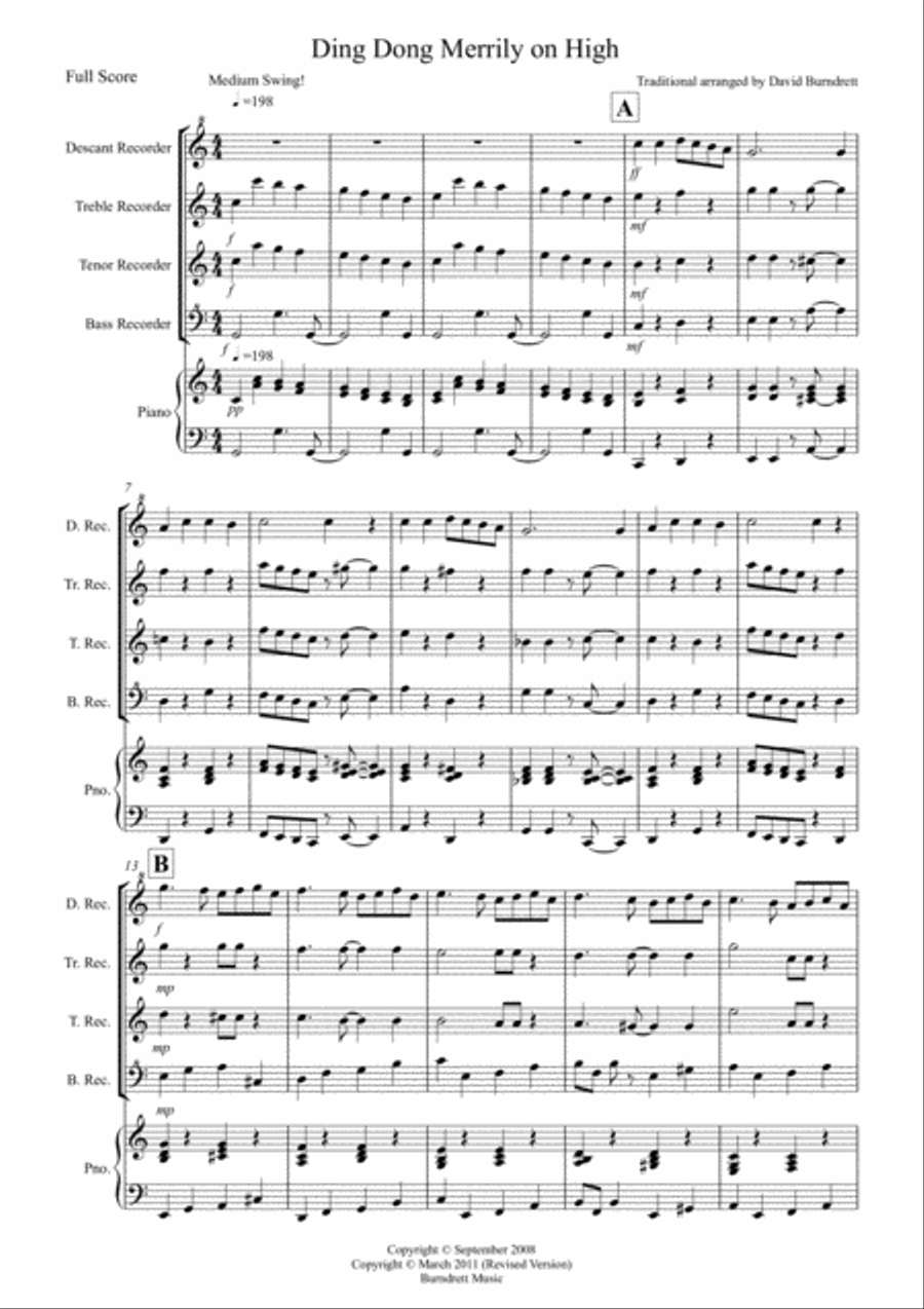 Ding Dong Merrily on High (Jazzy Style!) for Recorder Quartet Recorder scores gallery preview page 1