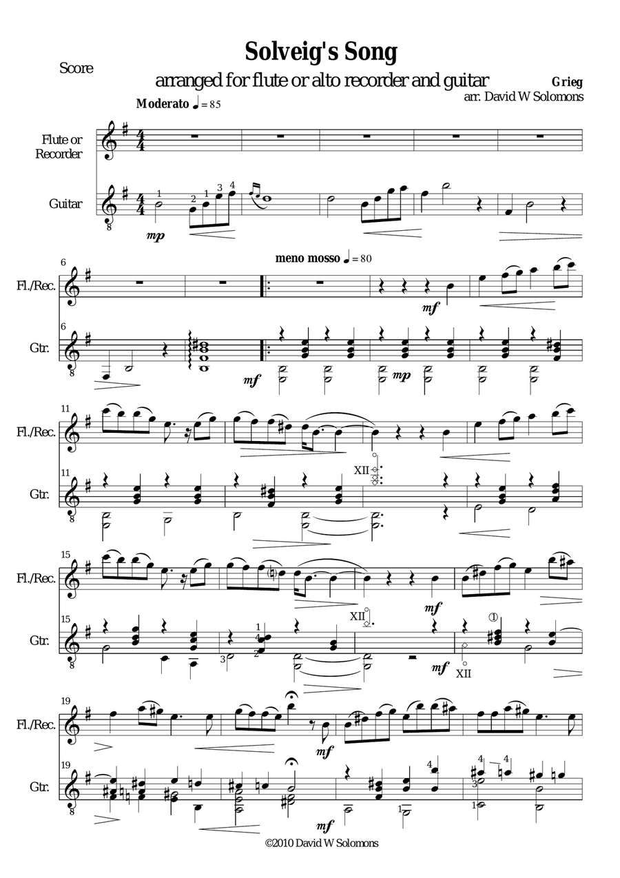 Solveigs sang (Solveig's Song) for flute (or alto recorder) and guitar Small Ensemble scores gallery preview page 1