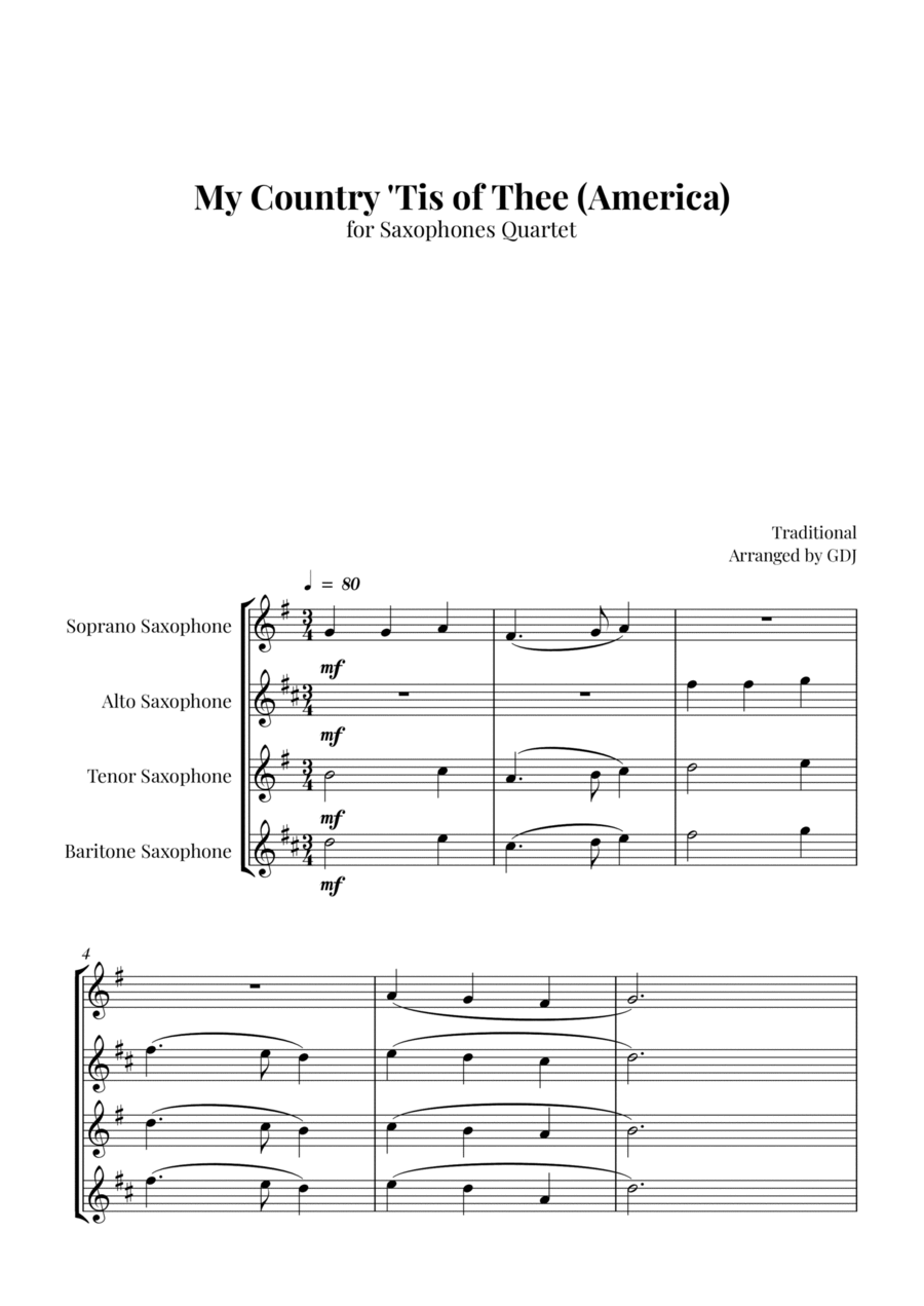 My Country 'Tis of Thee (America) Saxophone Quartet scores gallery preview page 1