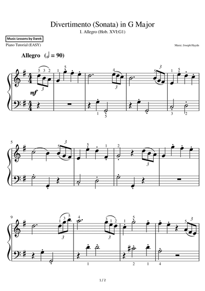 Divertimento (Sonata) in G Major (EASY PIANO) I. Allegro (Hob. XVI:G1) [Joseph Haydn] image number null