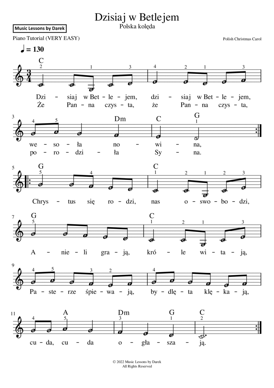 Dzisiaj w Betlejem (Polish Christmas Carol) [VERY EASY PIANO] Easy Piano scores gallery preview page 1
