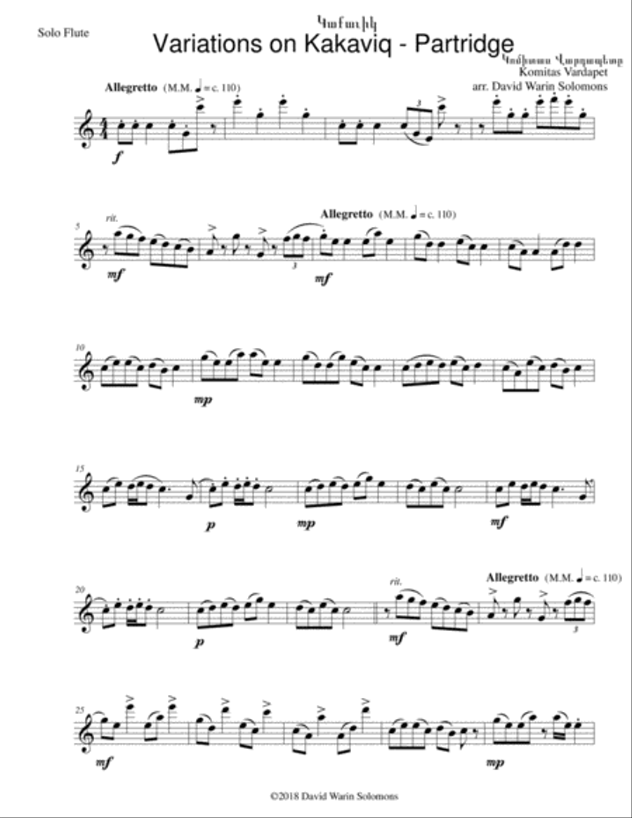 Variations on Կաքաւիկ - Kakaviq - Partridge - for flute solo Flute Solo scores gallery preview page 1