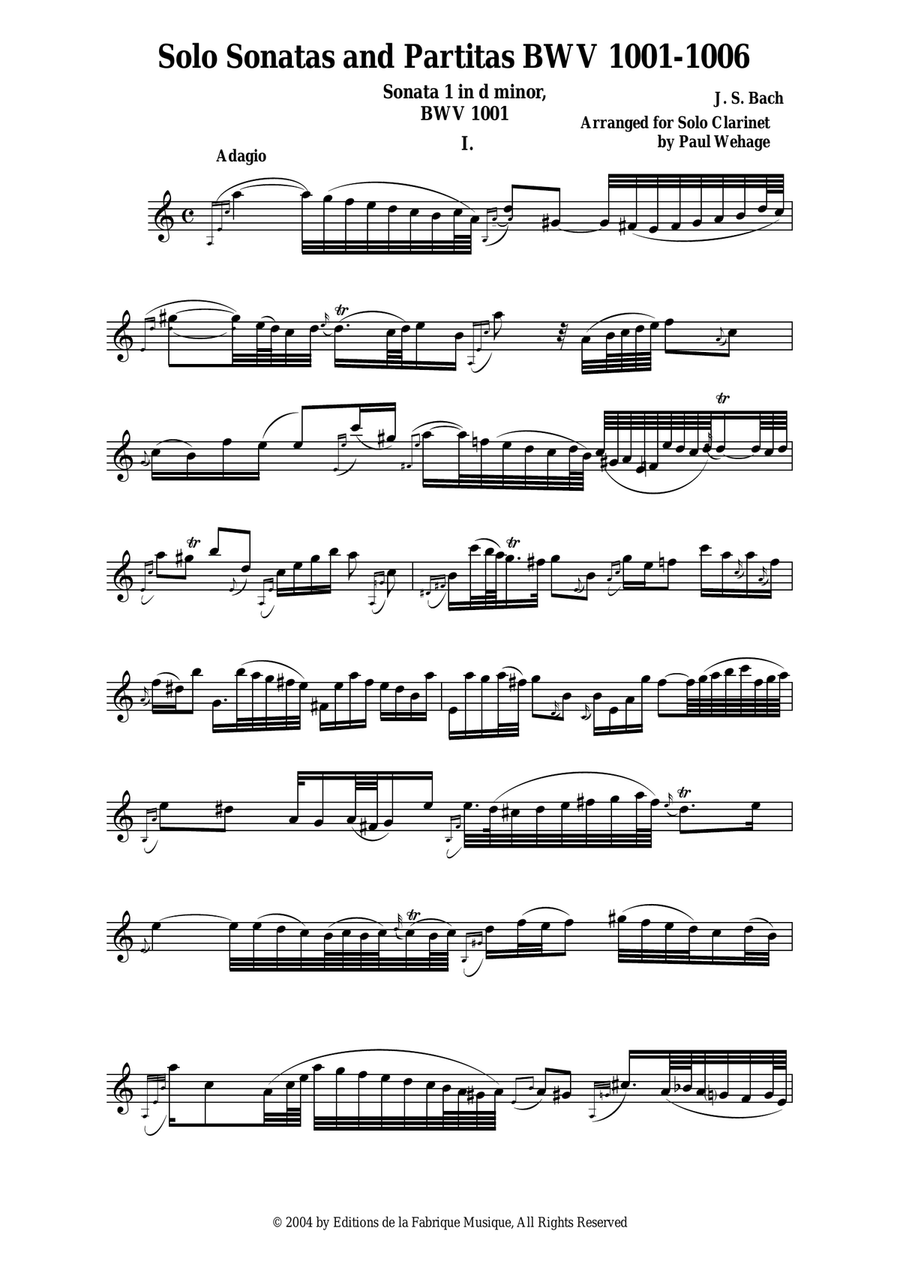 J. S. Bach: 6 Sonatas and Partitas for Solo Violin, BWV 1001-1006- arranged for solo clarinet Clarinet Solo scores gallery preview page 2