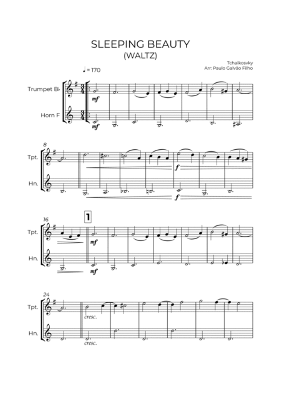 SLEEPING BEATY WALTZ - TCHAIKOVSKY - TRUMPET & HORN Brass Duet scores gallery preview page 2