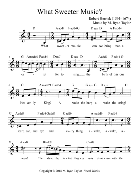 What Sweeter Music? : A new setting of Robert Herrick's poem for Voice & Renaissance Guitar (opt. Uk