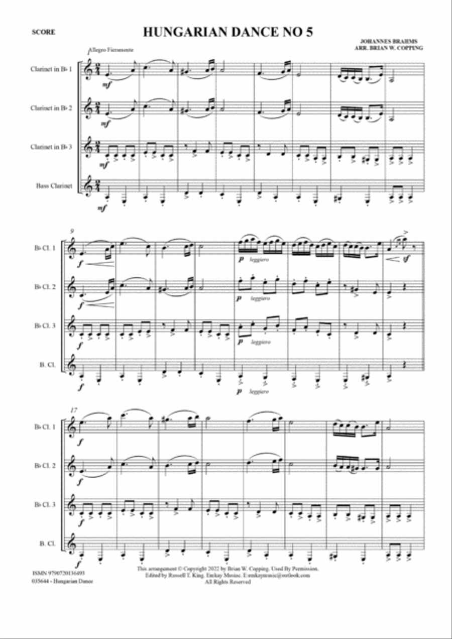 HUNGARIAN DANCE NO 5 - CLARINET QUARTET Clarinet Quartet scores gallery preview page 2